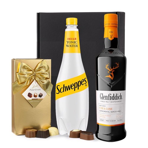 Glenfiddich Fire And Cane 70cl with Schweppes Tonic & Chocolates Gift Box | Spirit Mixer Set